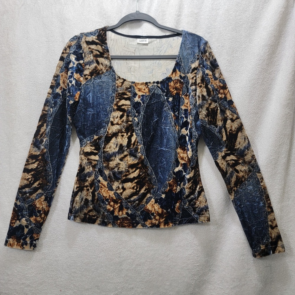 Vintage‎ LOVE amour Babydoll Velvet Denim Abstract L/S Scoop Neck Women Top LG